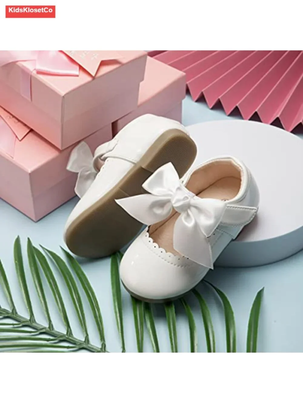 Faux Leather Mary Jane Flats with Bow, Adjustable Hook & Loop, Non-Slip Sole